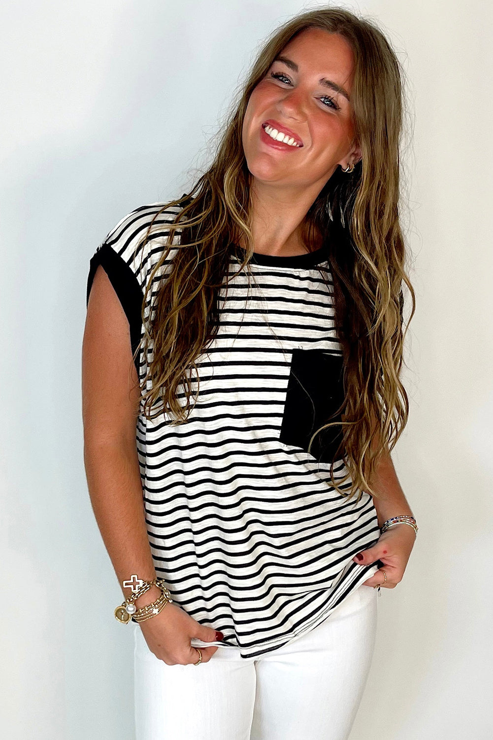 Red Stripe Chest Pocket Patch Round Neck Tank Top