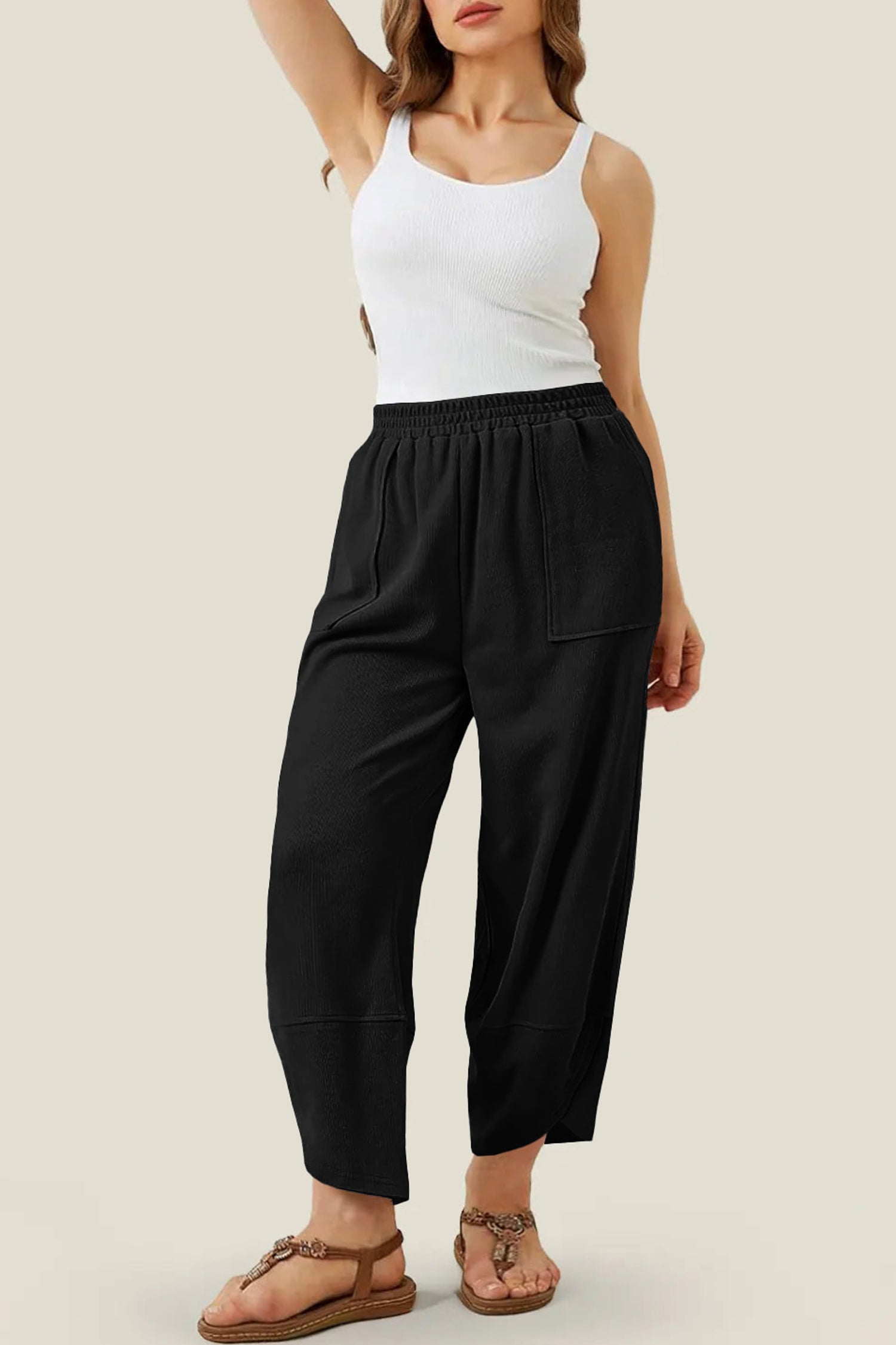 Sail Blue Plus Size Elastic Waist Asymmetrical Hem Loose Capris Pants