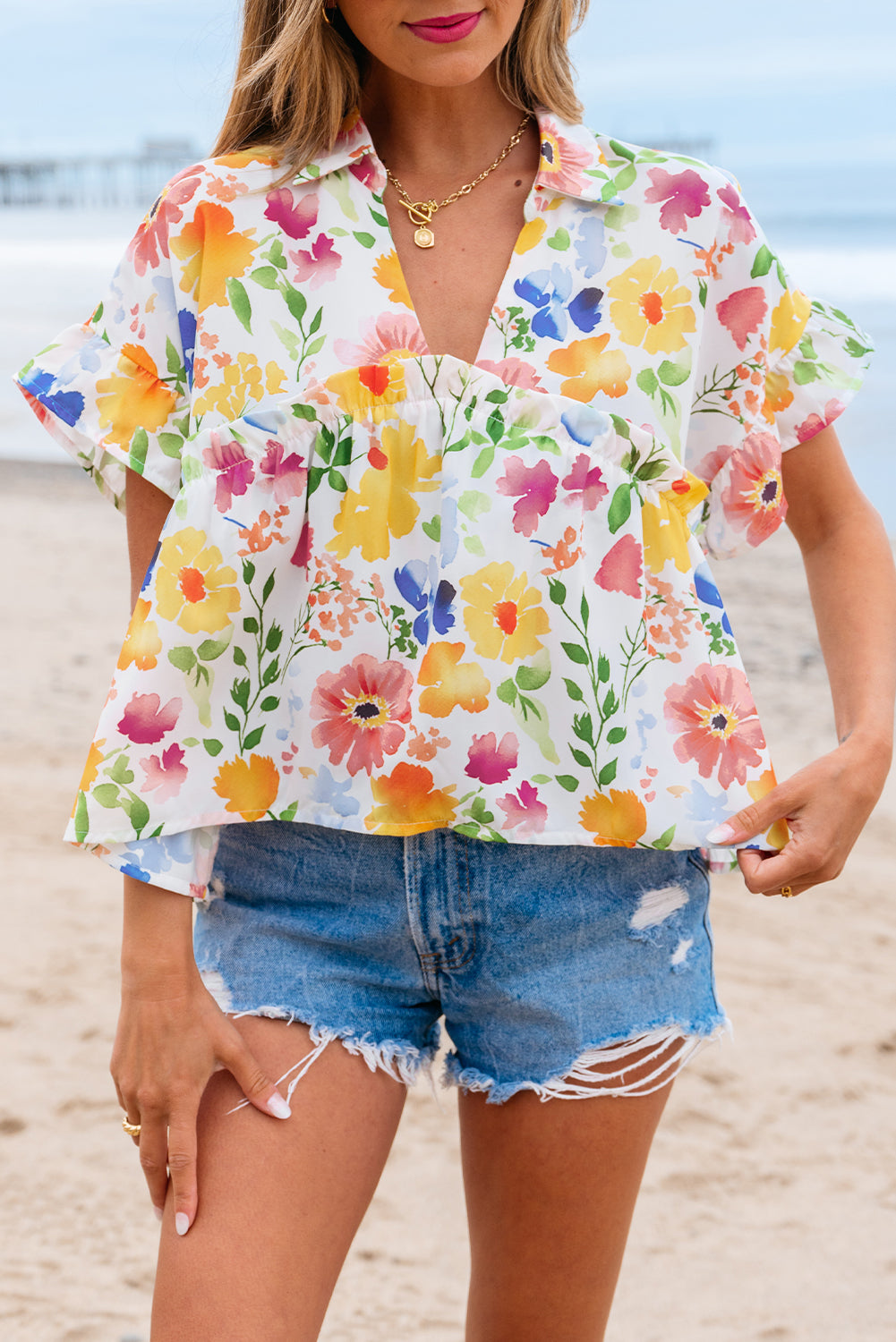 Pink Floral Boxy Fit Ruffled Short Sleeve V Neck Blouse