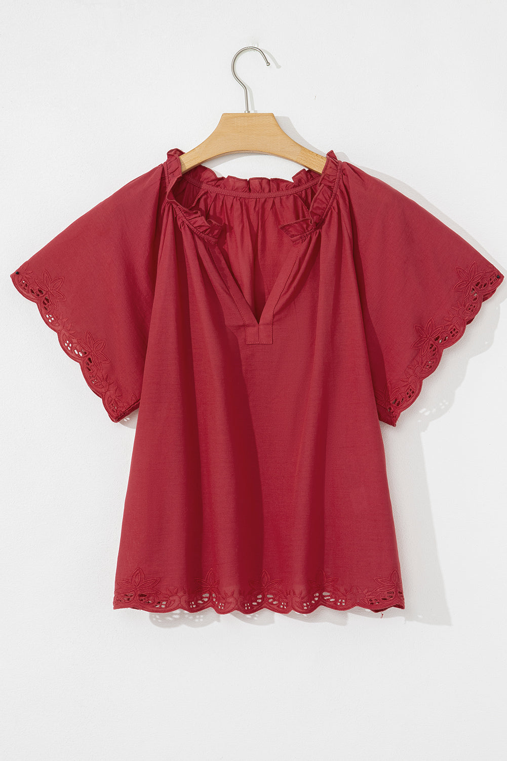 Red Dahlia Floral Embroidered Scallop Trim Short Sleeve V Neck Blouse