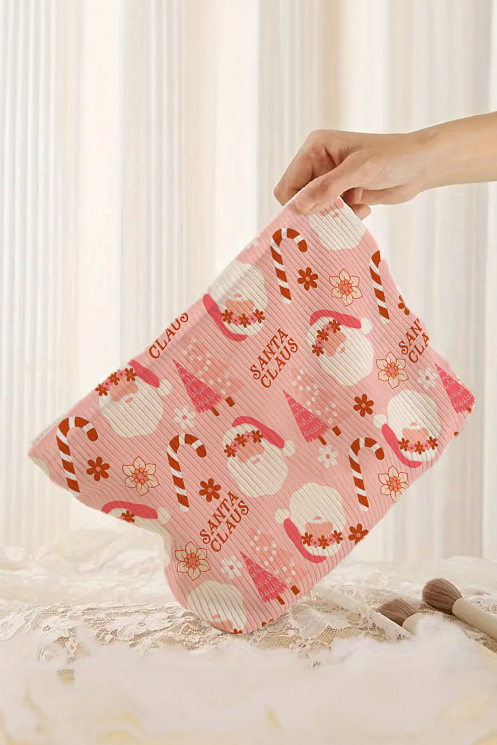 White Christmas Fashion Print Corduroy Zip Up Cosmetic Bag