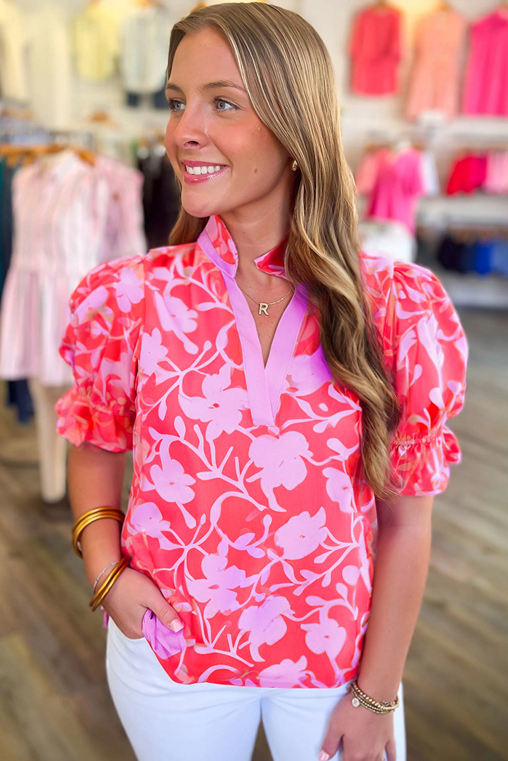 Red Floral Three Quarter Sleeves Ruffle Hem Mini Dress