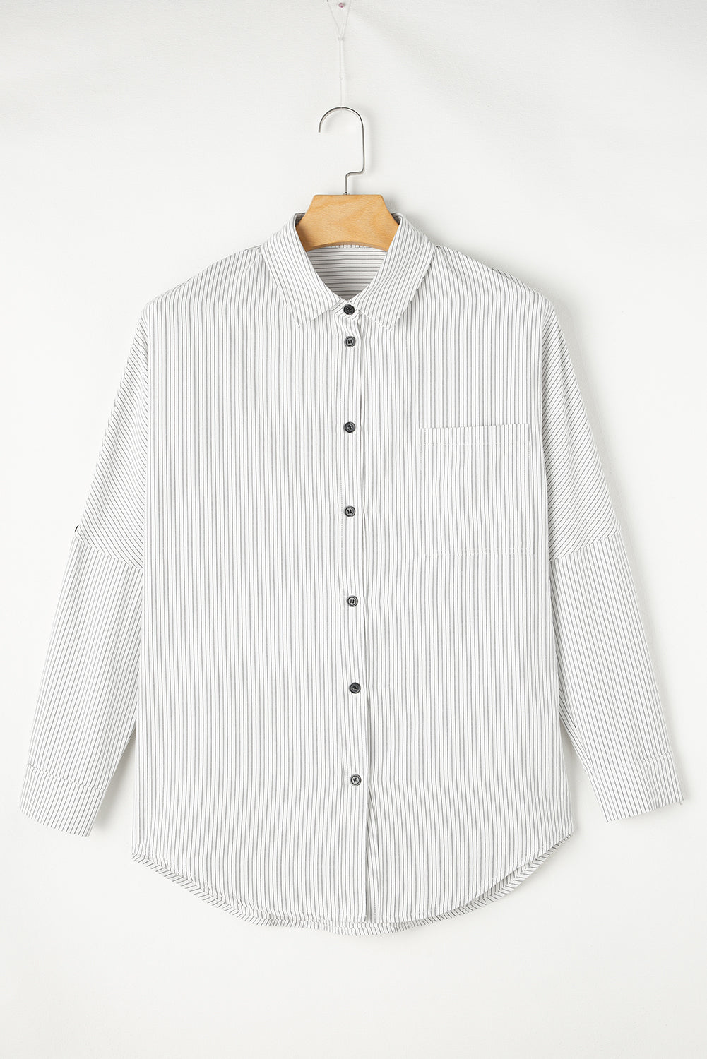 DEAR-LOVER Stripe Roll-tab Sleeve Pocketed Long Shirt