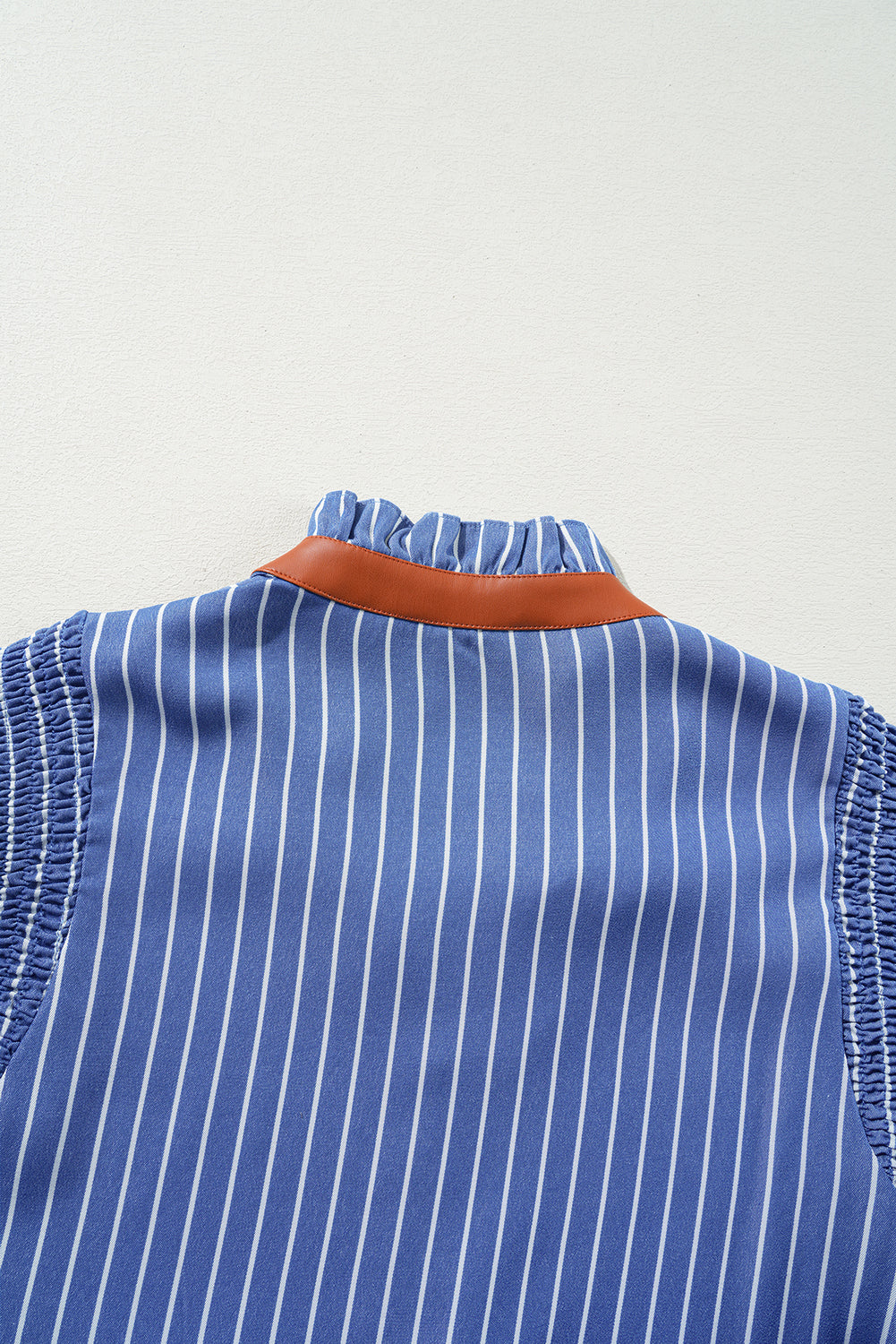 Sky Blue Stripe Frilly Split Neck Shirred Ruffle Sleeve Short Shift Dress
