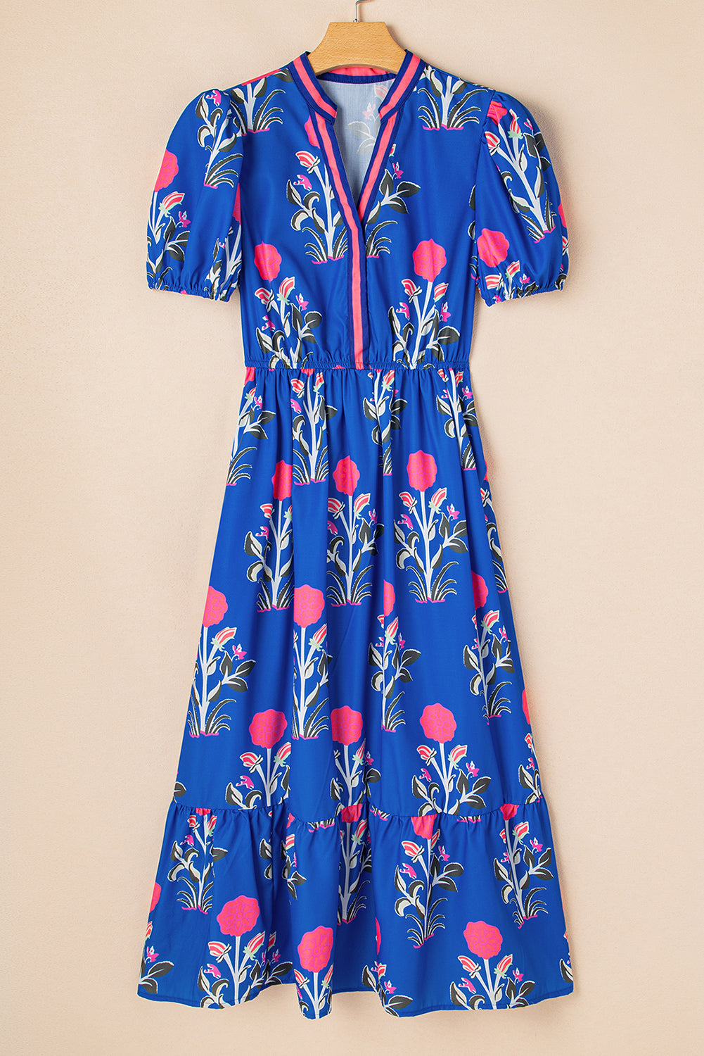 White Floral Puff Short Sleeve V Neck High Waist Maxi Dress