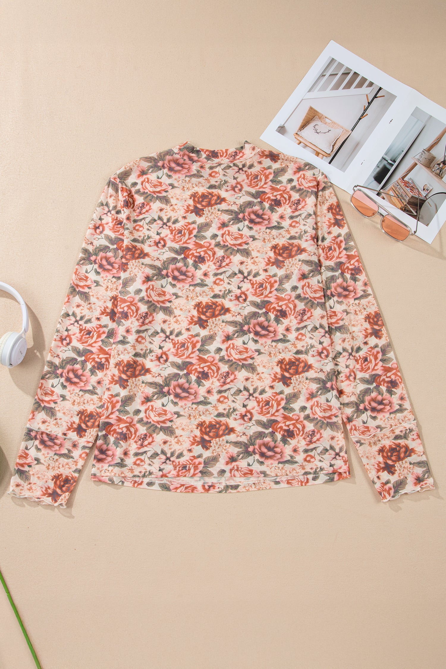 White Retro Floral Print Mock Neck Mesh Long Sleeve Top