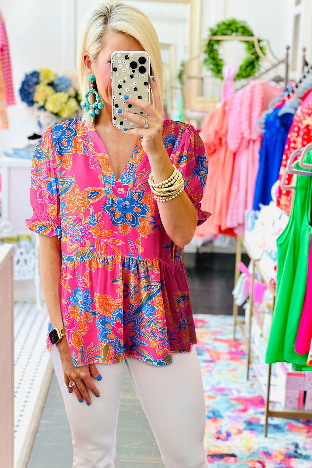 Pink Abstract Printed Puff Short Sleeve Tiered Loose Dress