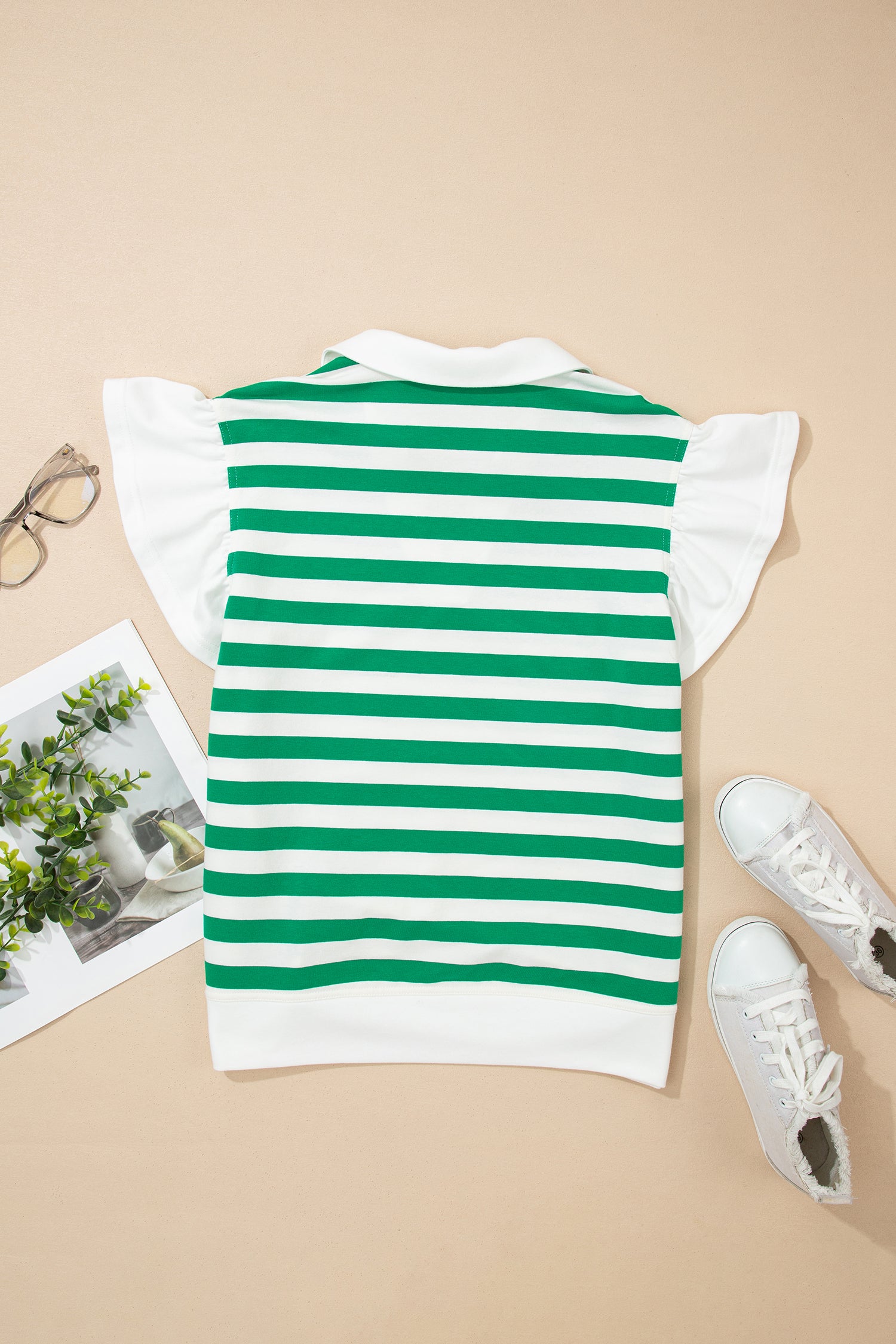 Pink Stripe Collar V Neck Ruffled Short Sleeve Blouse