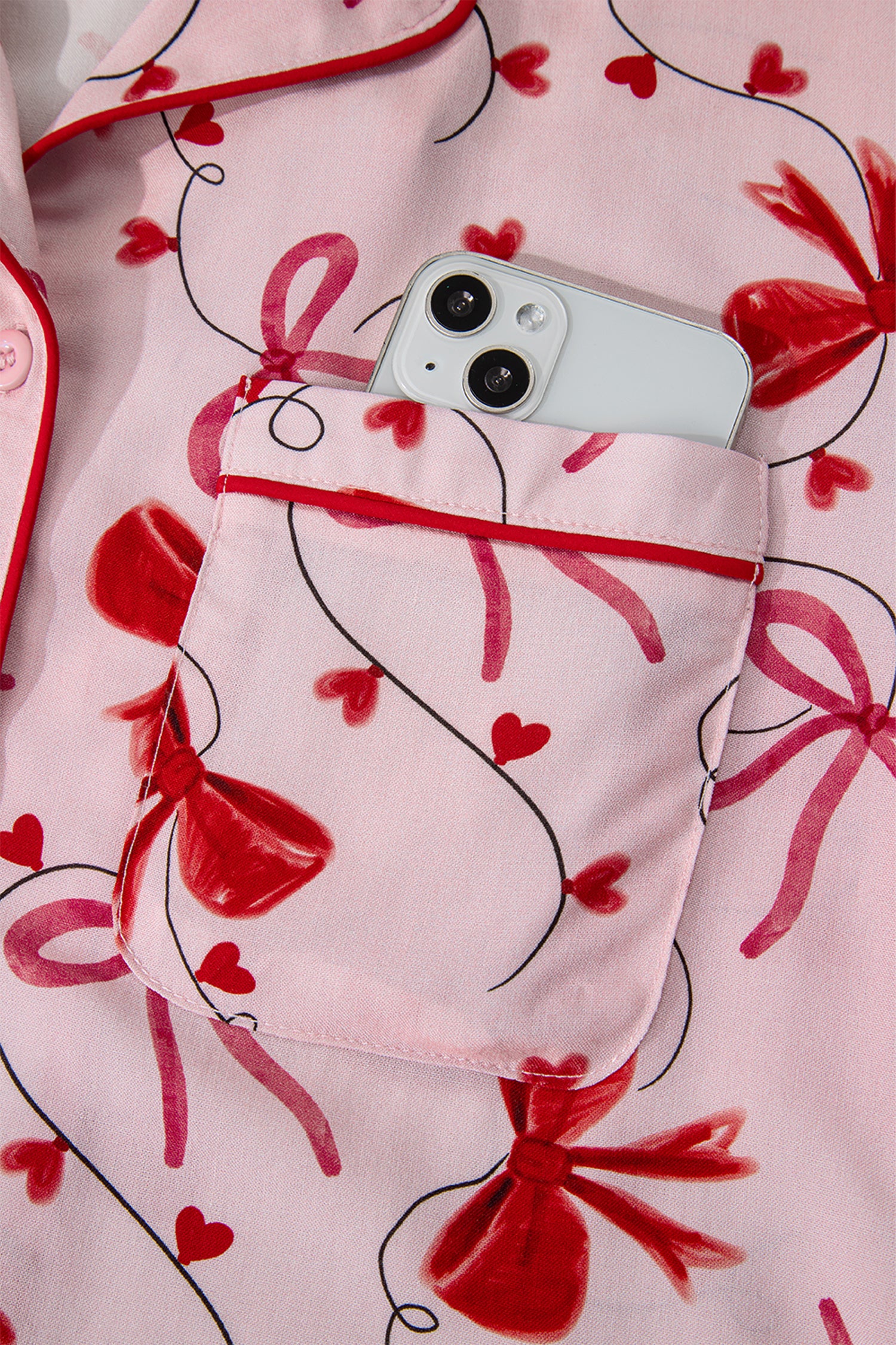 Red Bow Print Valentine Long Sleeve Shirt Shorts 2 Pcs Pajama Set