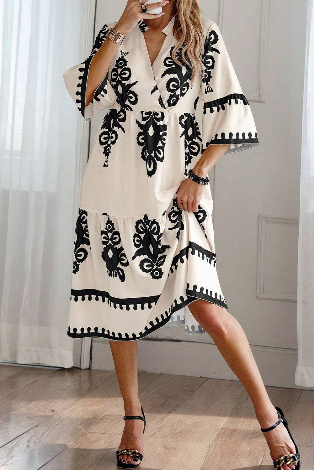 Orange Vintage Geometric Printed 3/4 Sleeve V Neck Blouse