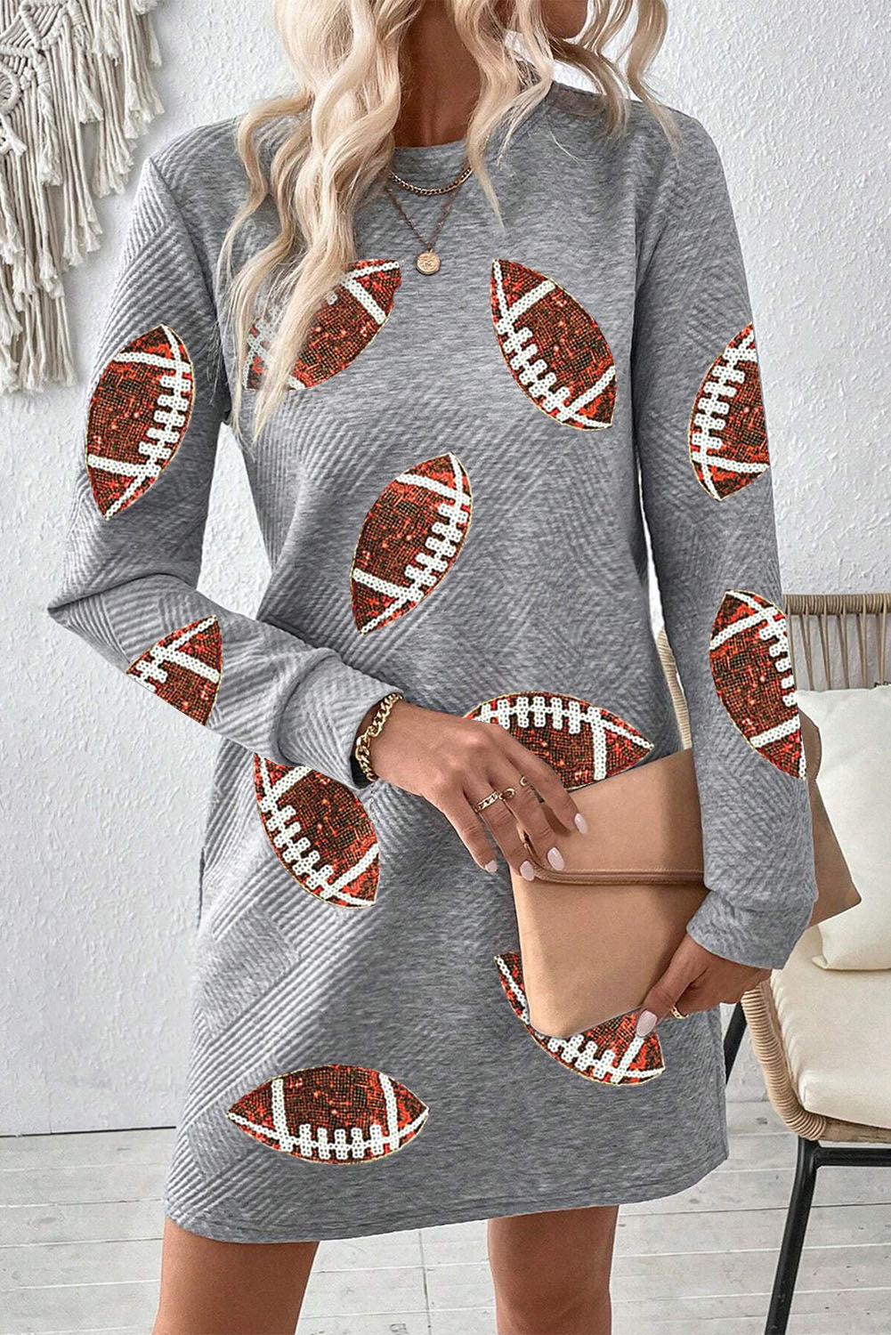 Gray Solid Color Textured Long Sleeve Shift Dress