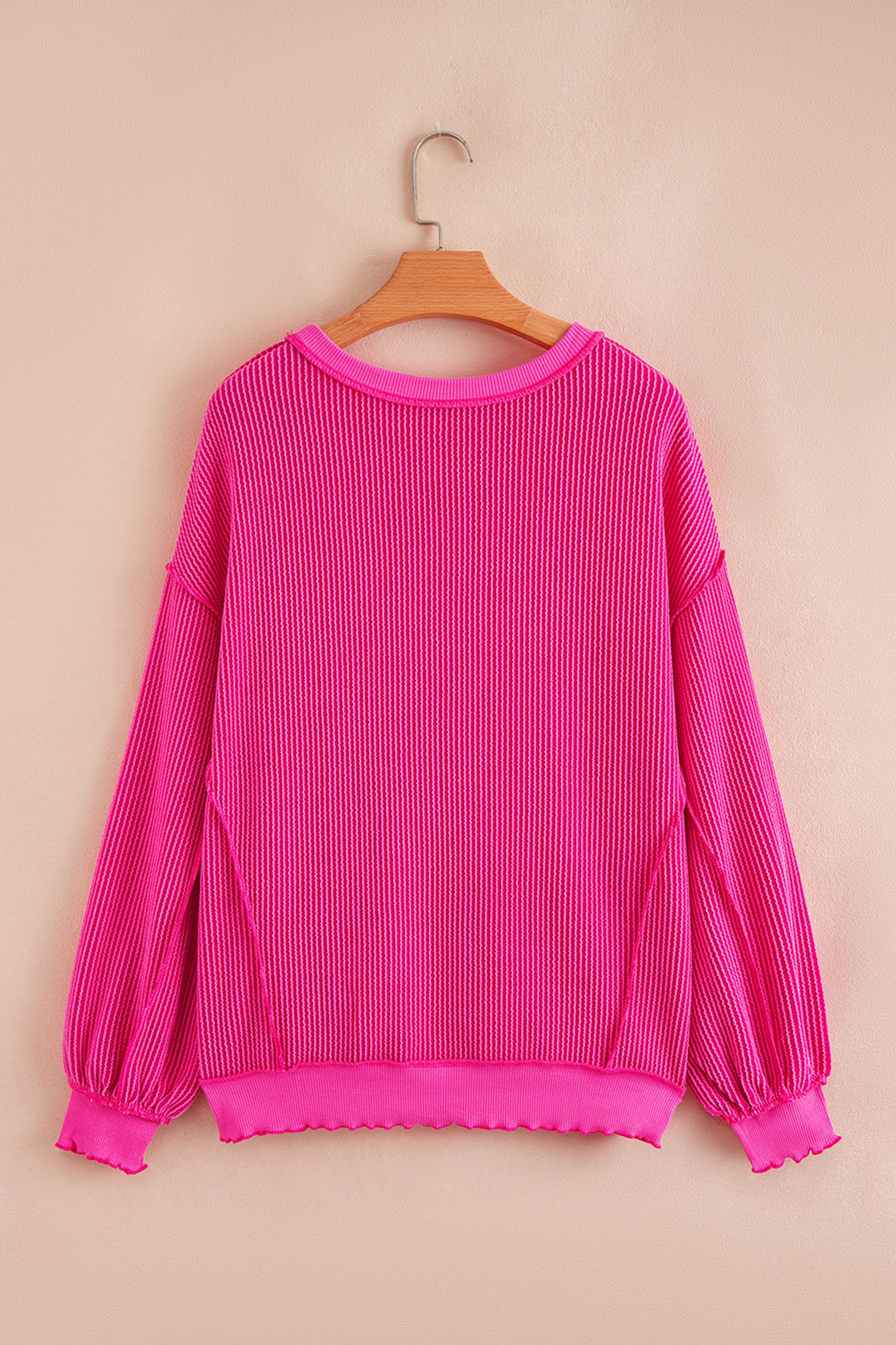 Strawberry Pink Twisted Ribbed Color Block Patchwork Sequin XOXO Letter Graphic Pullover Top