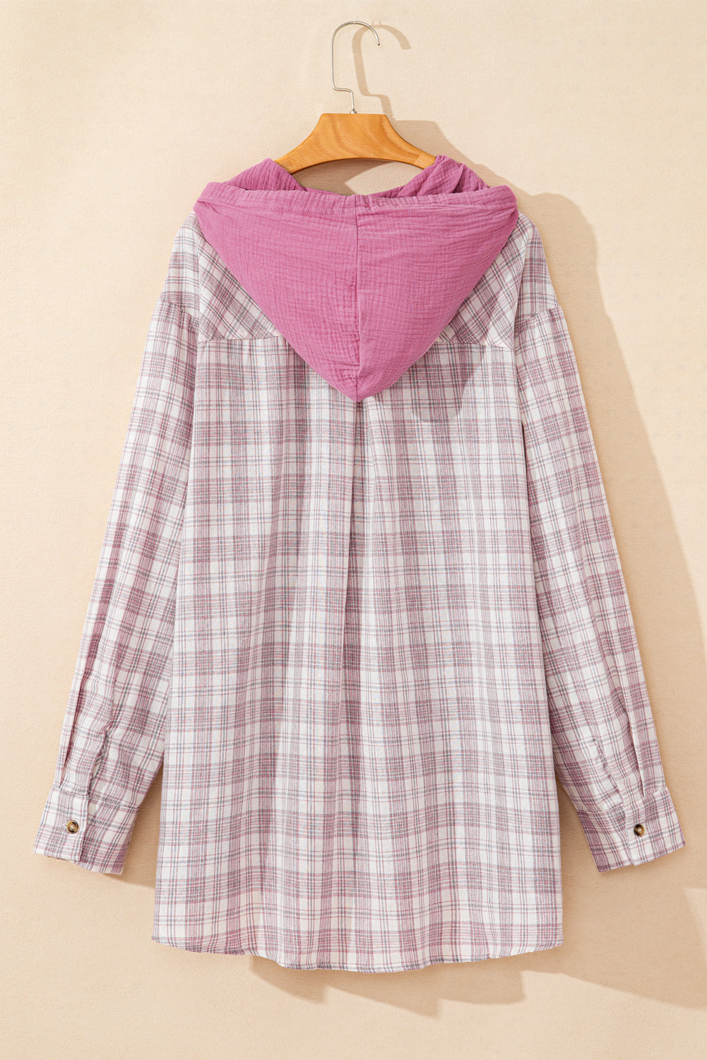 Khaki Checkered Print Loose Fit Buttoned Hooded Shacket