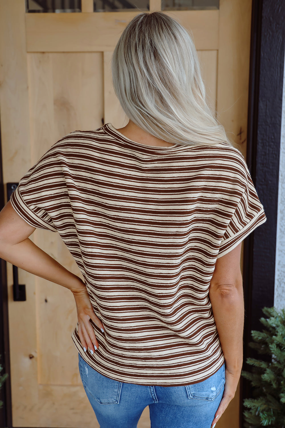 Green Stripe Textured Side Slits Crew Neck T Shirt