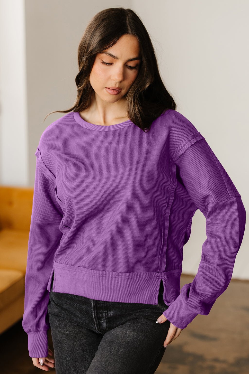 Evergreen Solid Color Raw Seam Patchwork Textured Drop Shoulder Sweatshirt