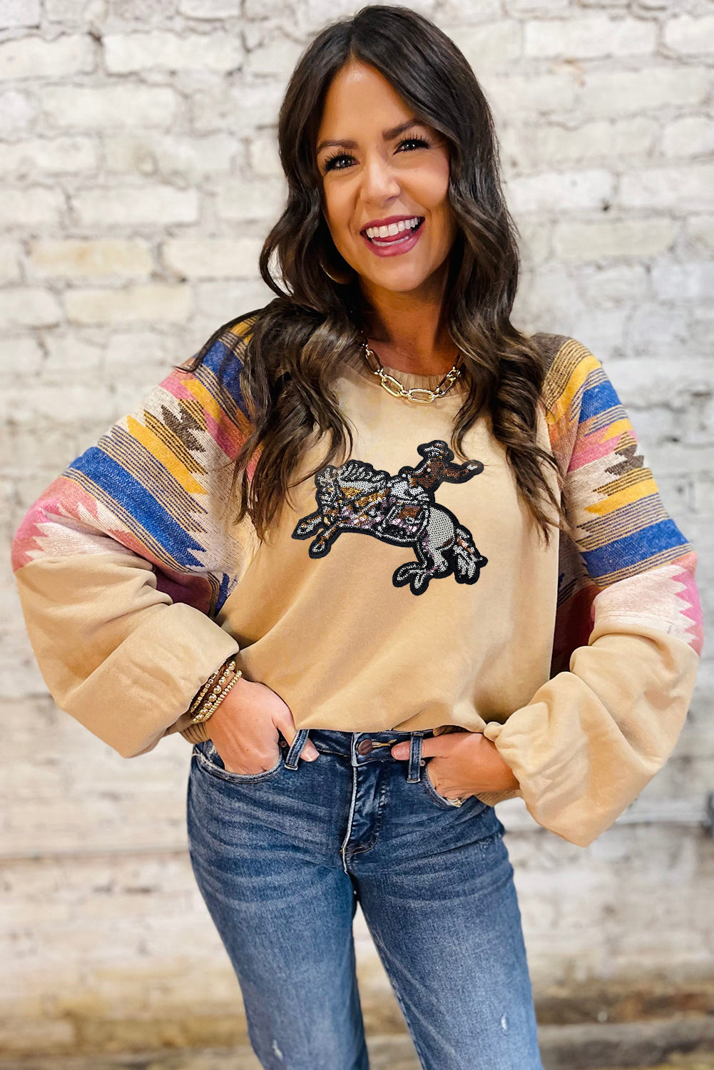 Light French Beige Aztec Patchwork Raglan Pullover Sweatshirt
