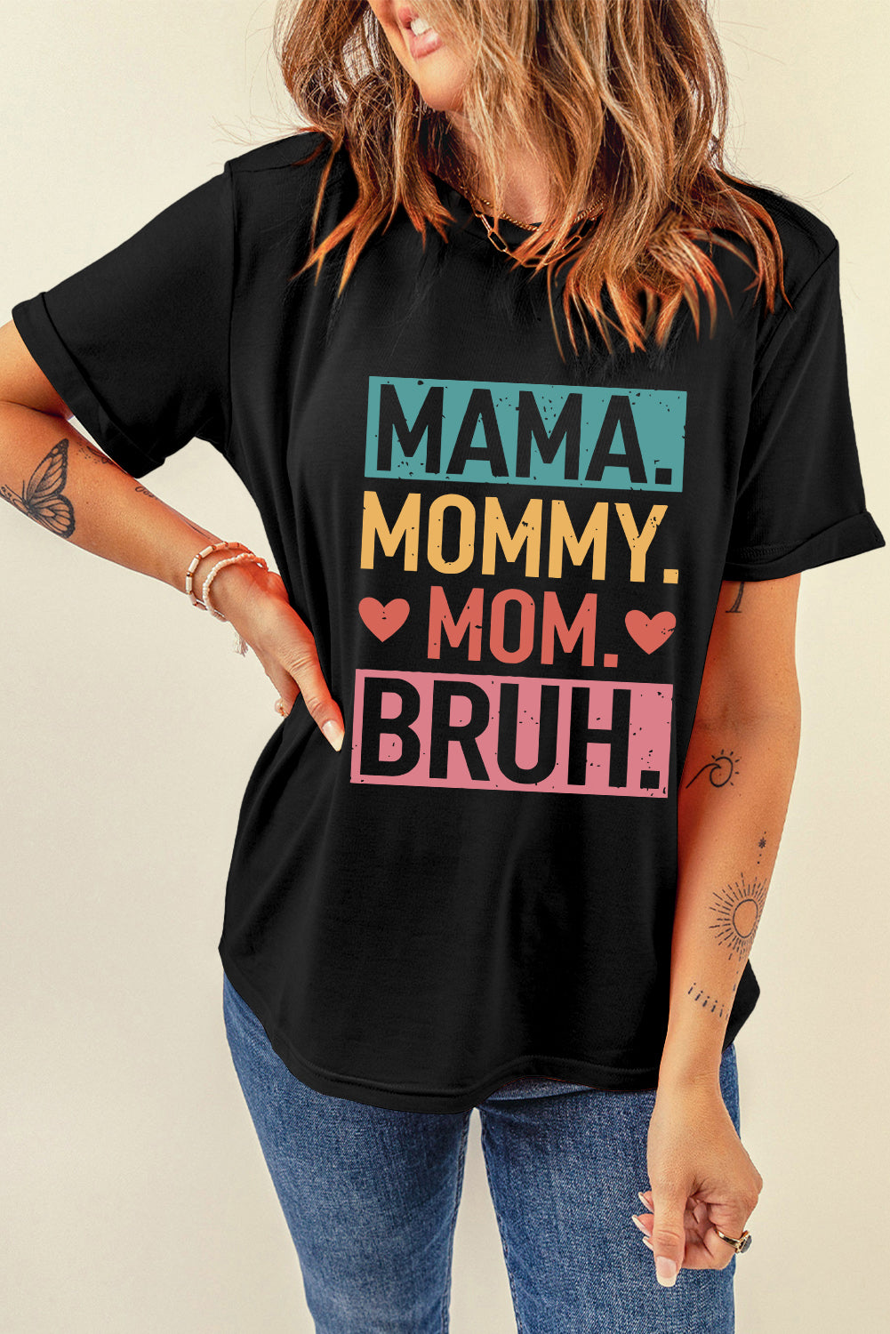 White MAMA Floral Block Graphic Casual T Shirt