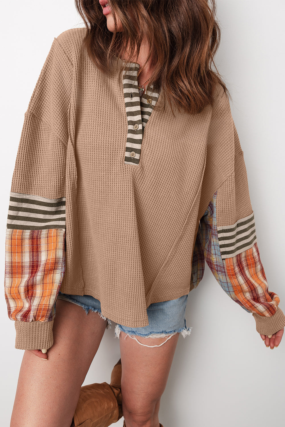 Parchment Plus Size Waffle Colorblock Striped Plaid Patchwork Half Button Pullover