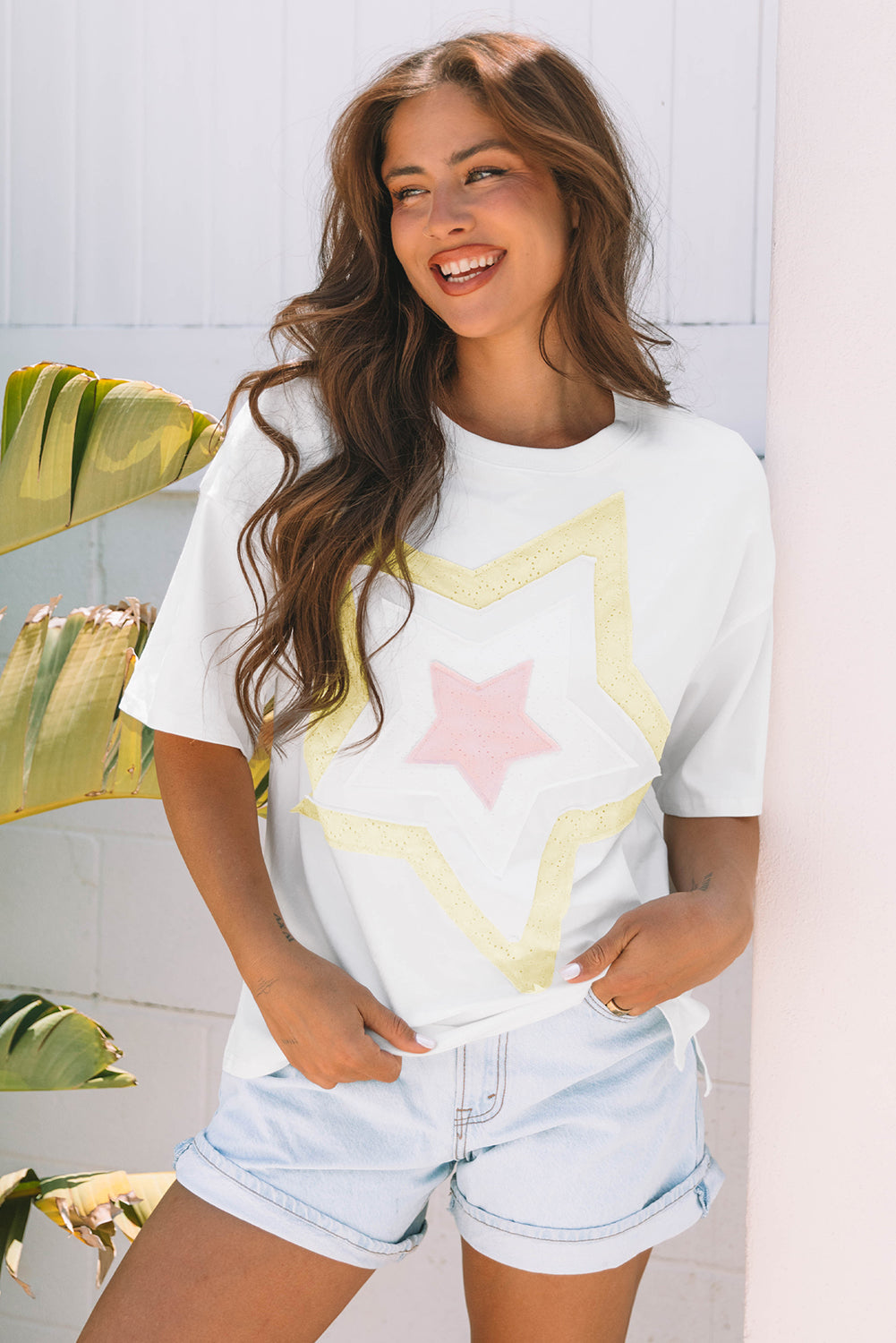 Light Pink Eyelet Lace Star Applique Plus Size T Shirt