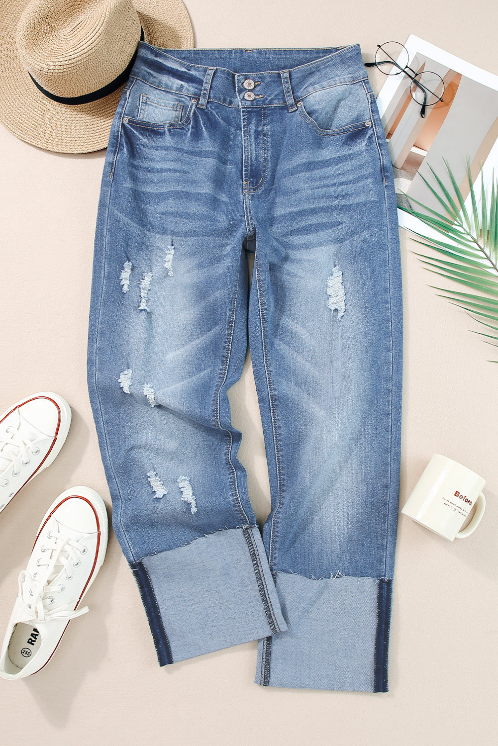 High Waist Distressed Straight Leg Jeans
