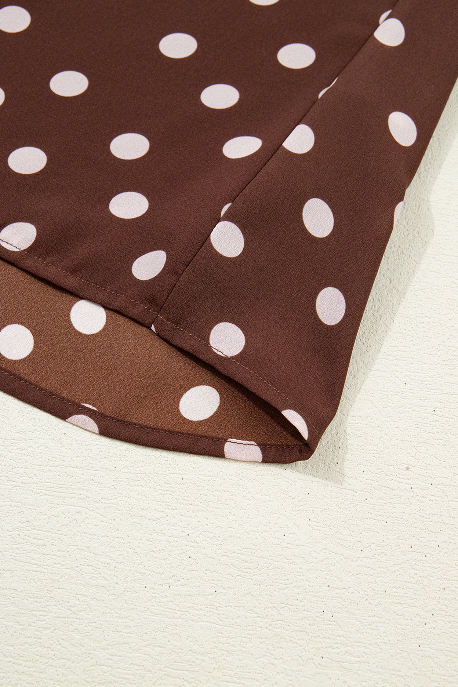 Coffee Polka Dot Print Ruffle Trim V Neck Long Bell Sleeve Blouse