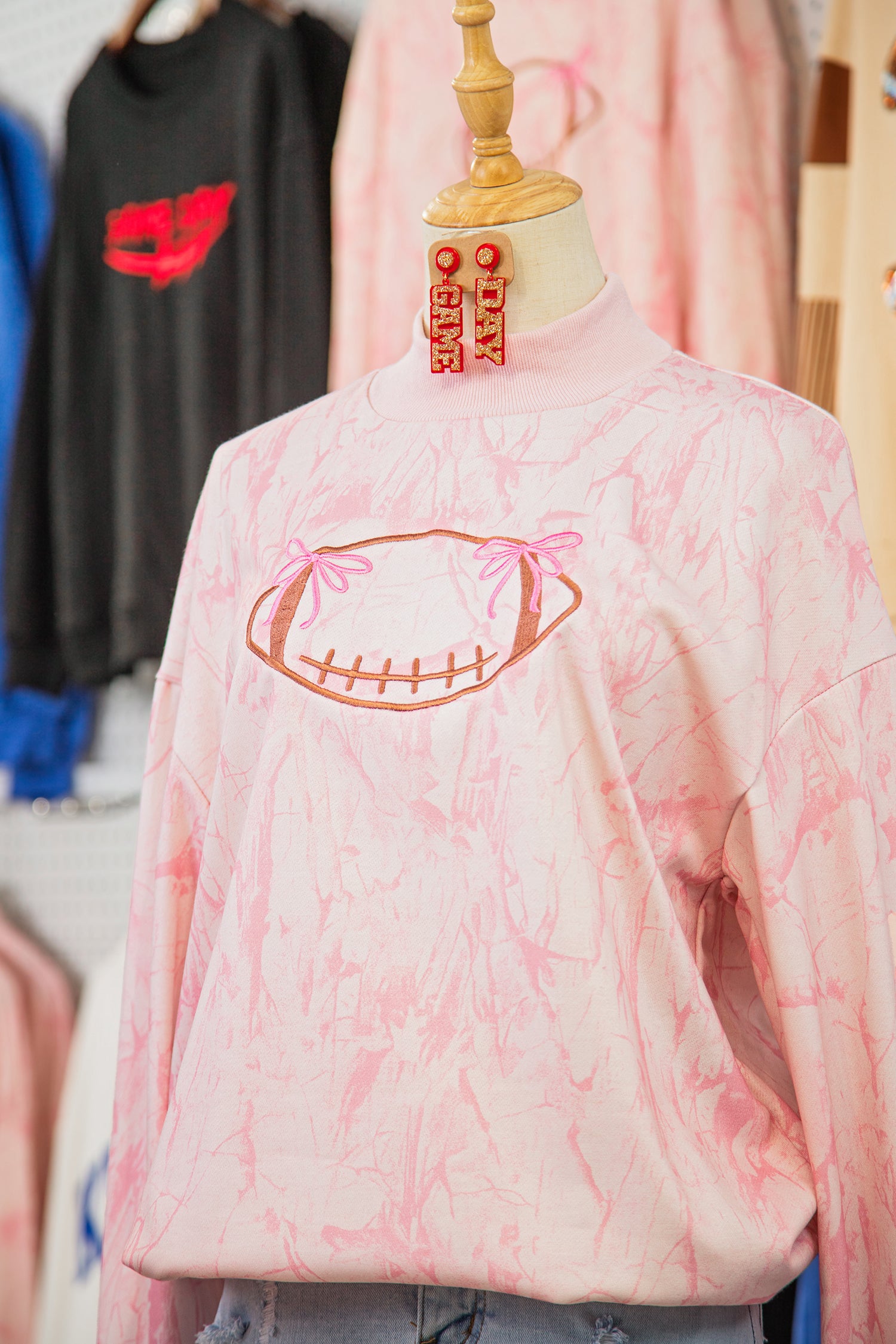 Pink Oversize Rugby Embroidered Camo Mock Neck Sweatshirt