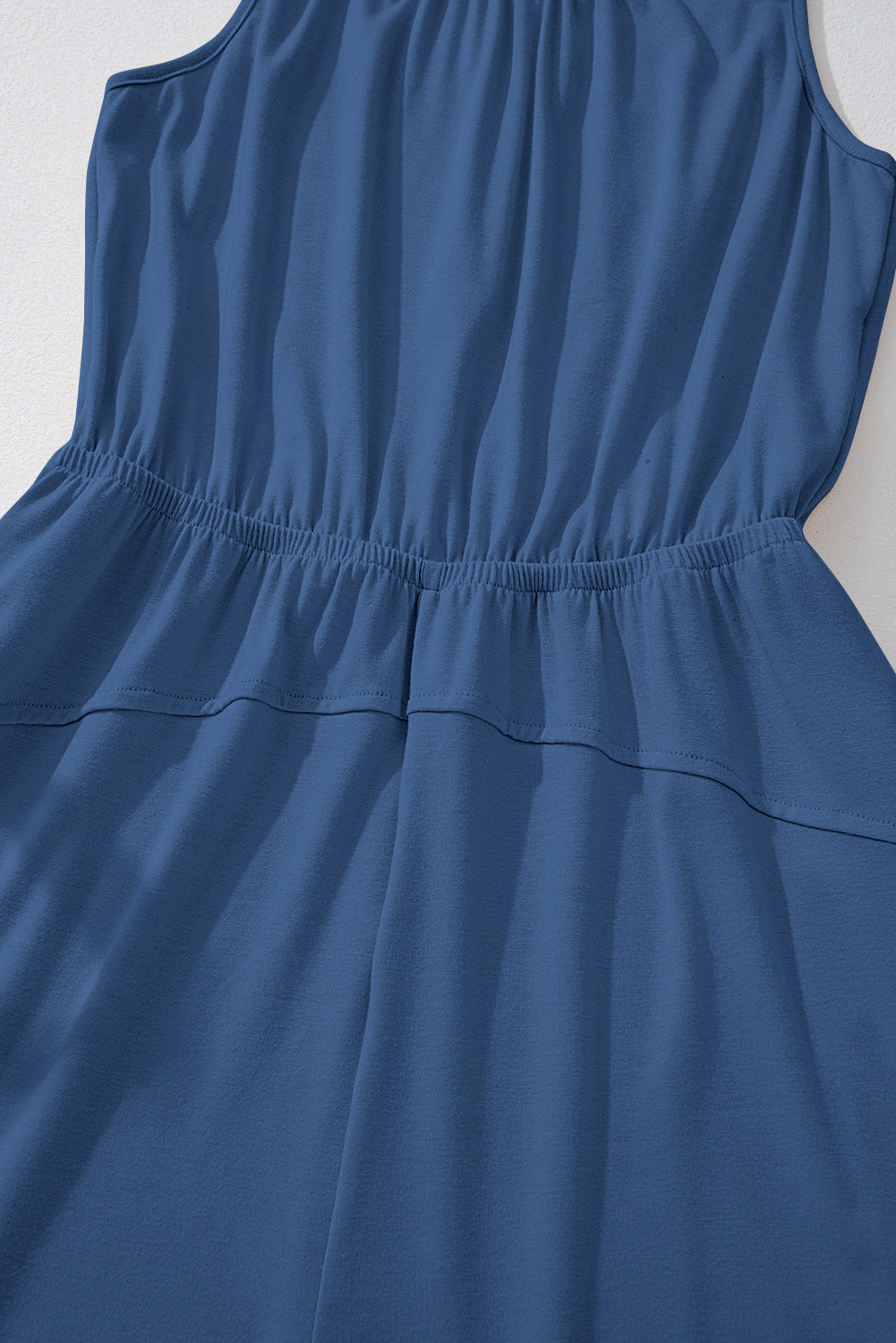 Four Leaf Clover Solid Color Pleated Detail Elastic Waist Sleeveless Jumpsuit
