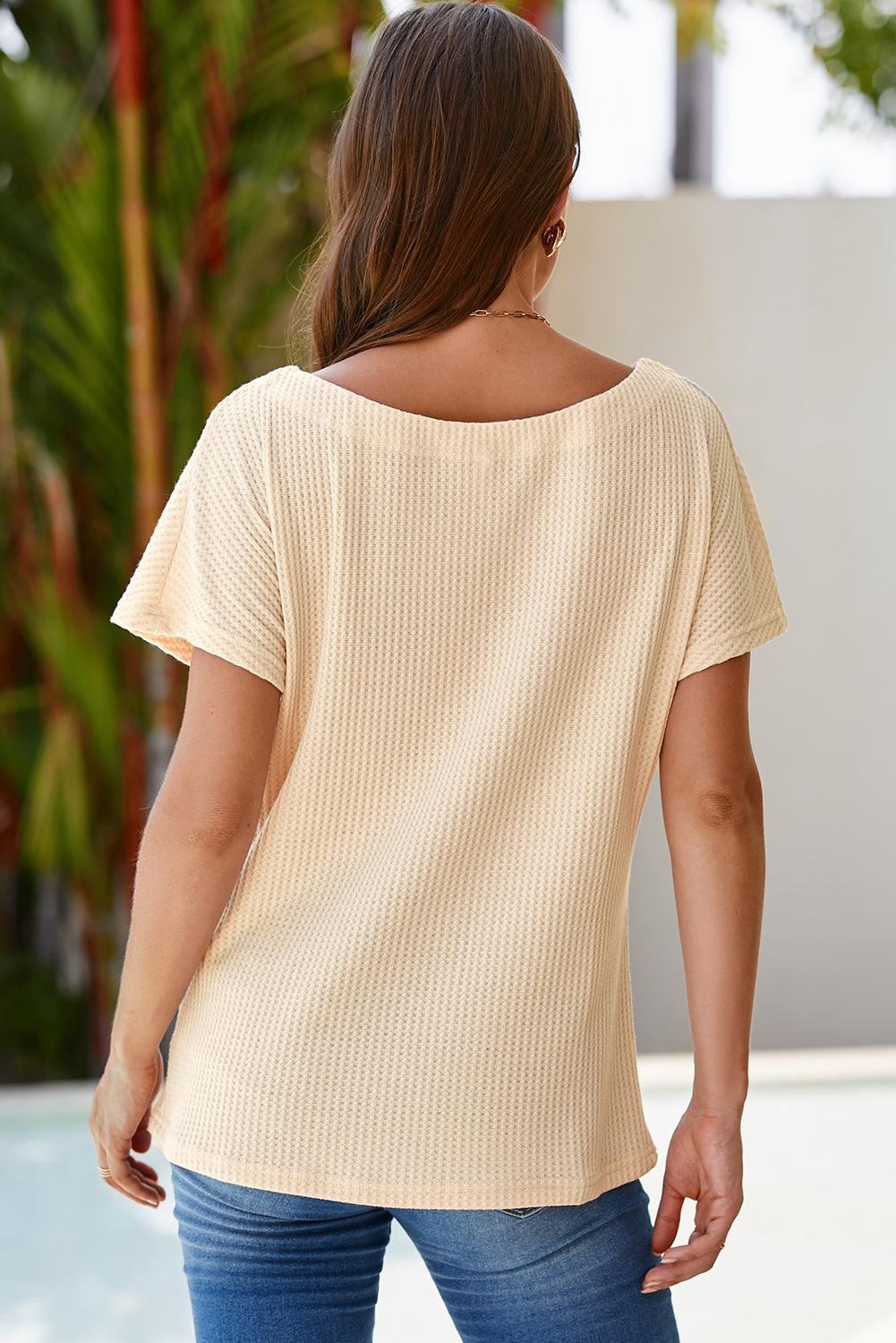 White Waffle Knit Boat Neck Short Sleeve Top