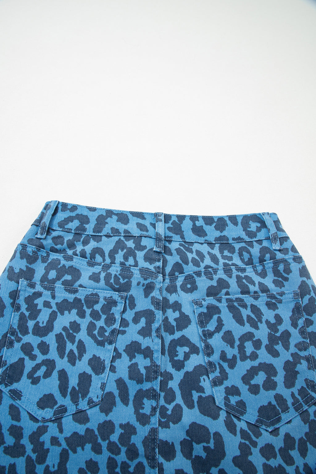 Brown Leopard Denim Frayed Split Denim Midi Skirt