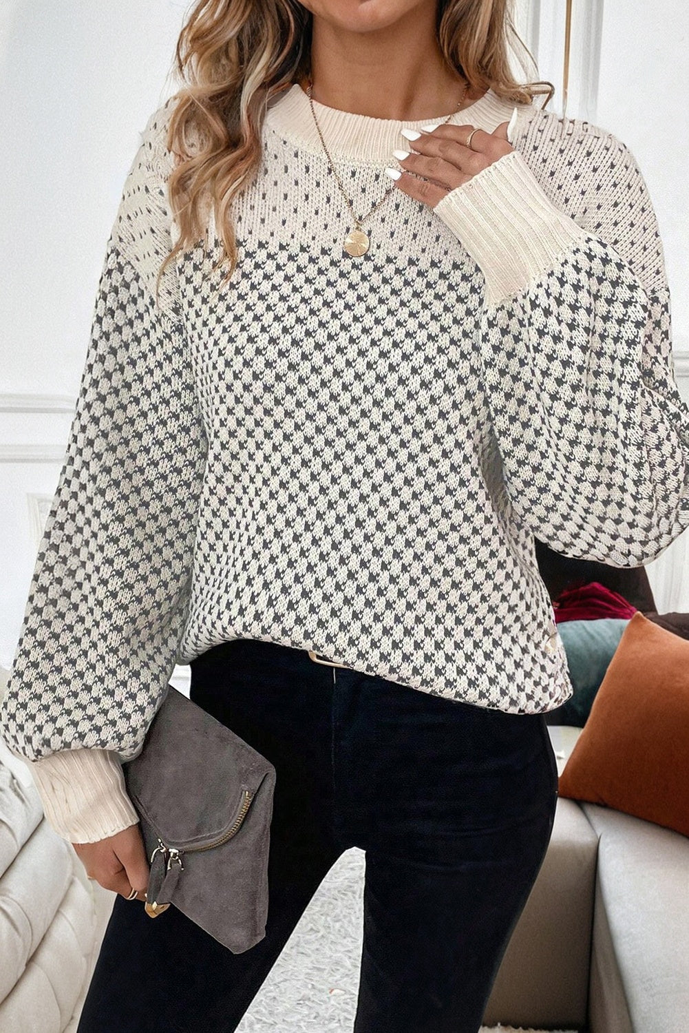 Red Contrast Color Pattern Lantern Sleeve Sweater
