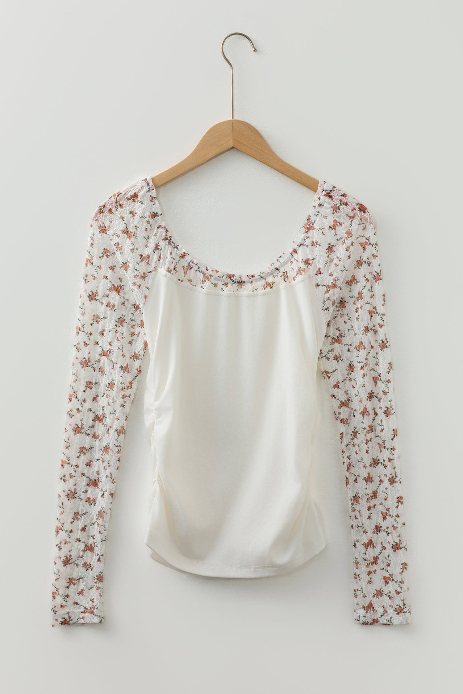White Floral Lace Patchwork Square Neck Long Sleeve Top
