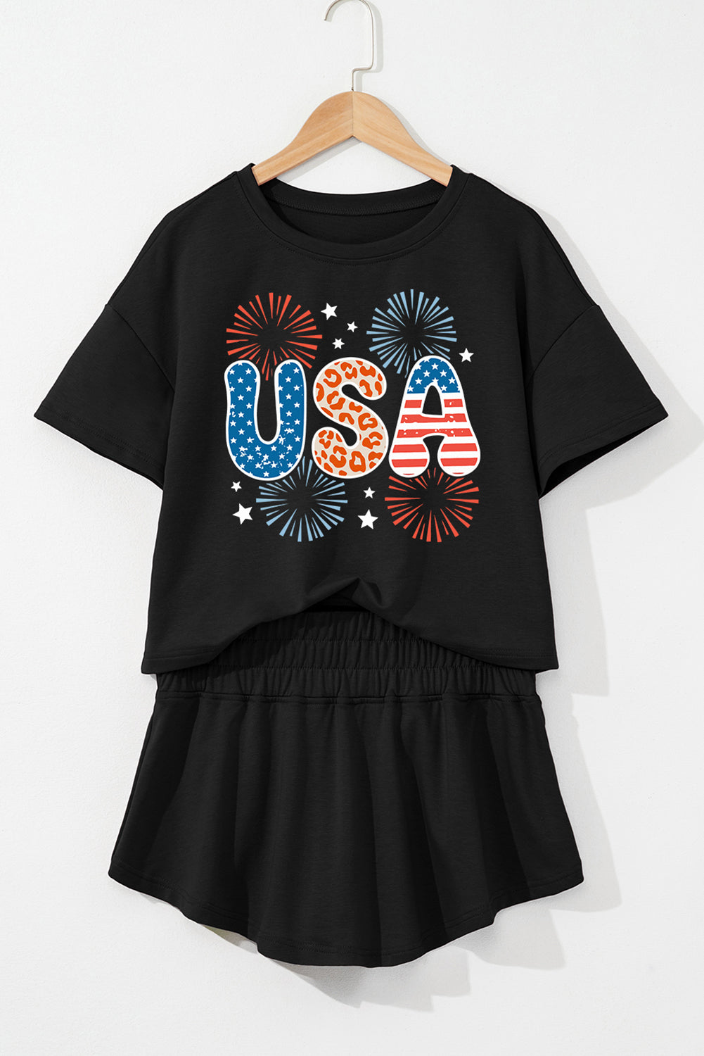 Black Firework USA Graphic Tee and Smocked Waistband Skort Set