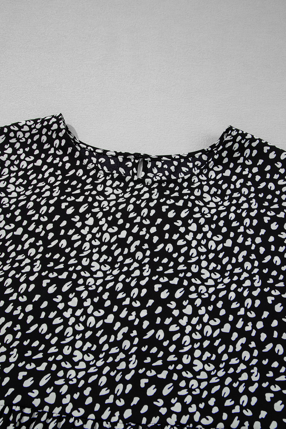 Black Leopard Print Ruffled Short Sleeve Keyhole Back Tiered Flowy Plus Size Blouse