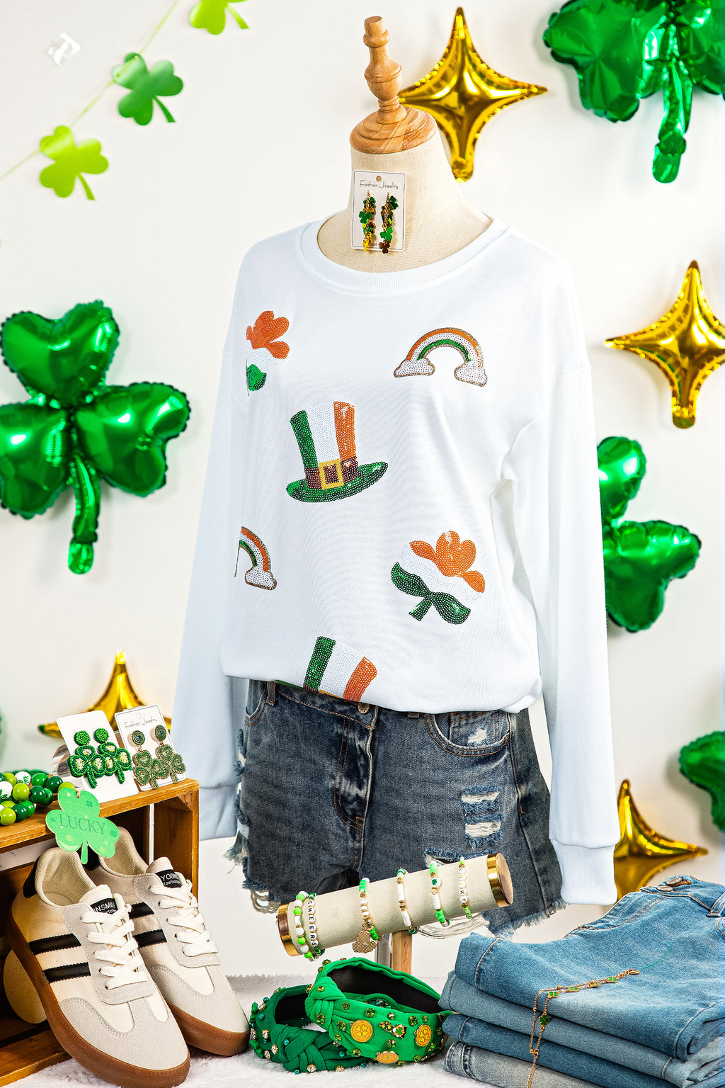 White LUCKY Clover Embroidered Long Sleeve Top