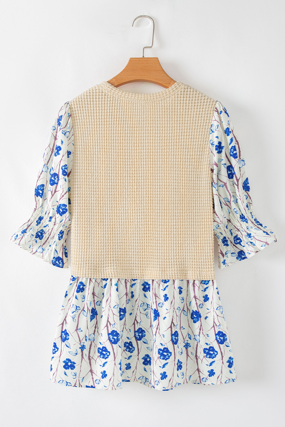 Beige Faux Two Piece Knit Patchwork Floral Print Plus Size Top