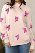 Apricot Pink Mock Neck Sequin Bow Striped Heart Patched Oversize Sweatshirt