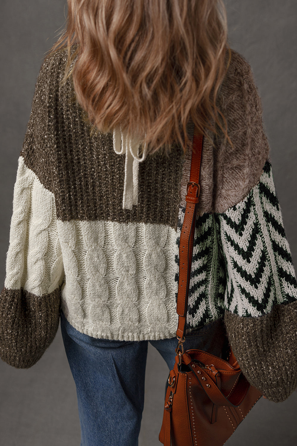 Brown Color Block Patchwork Knotted Back Loose Fit Sweater