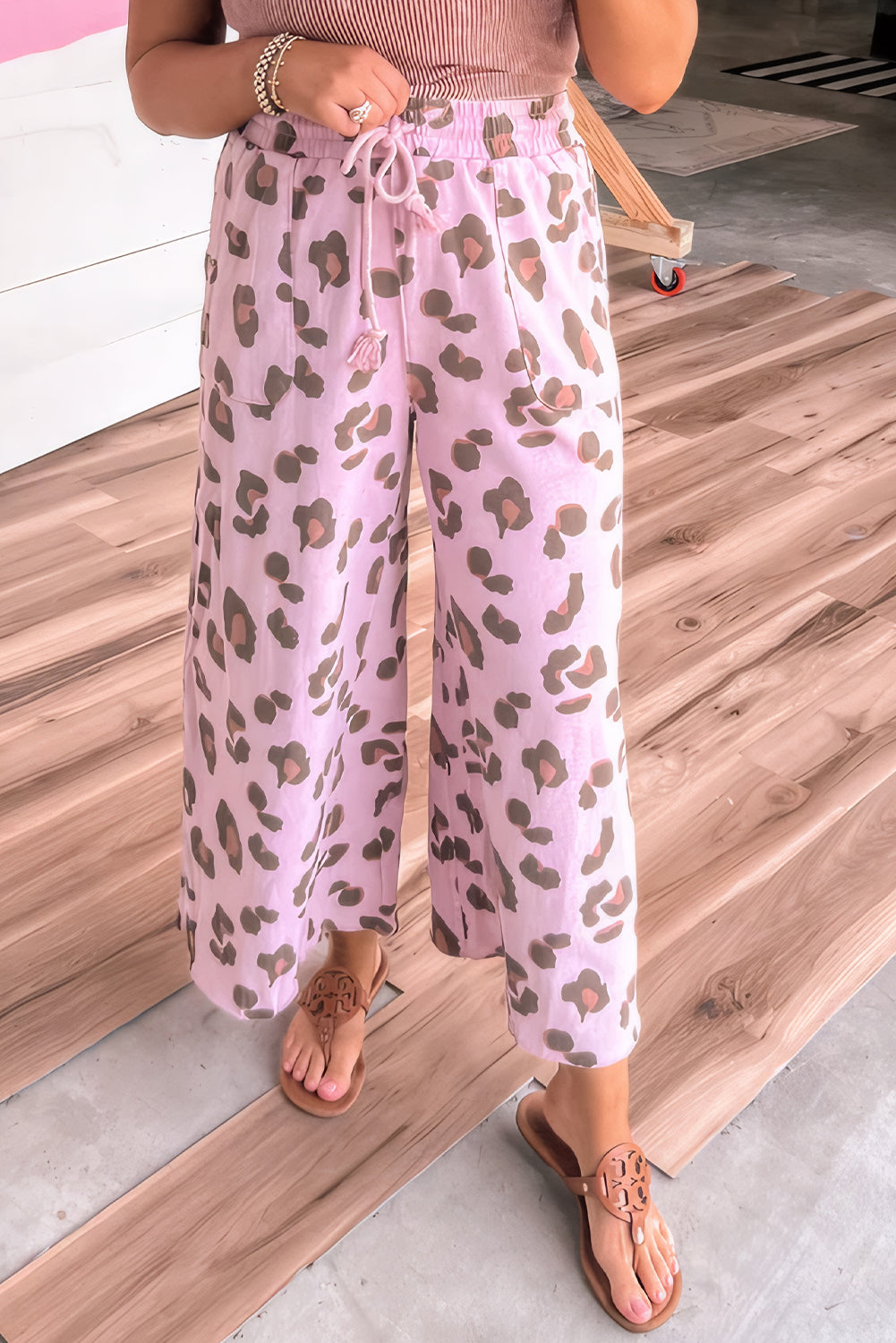 Beige Drawstring Leopard Print Patch Pocket Loose Pants