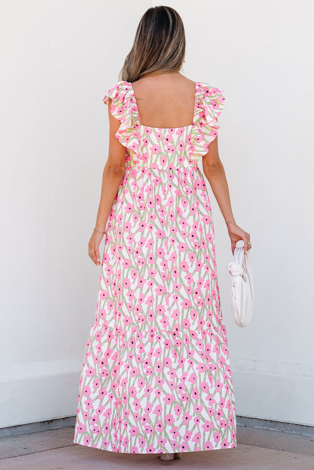 Blue Floral Print Square Neck Ruffled Strap Maxi Dress