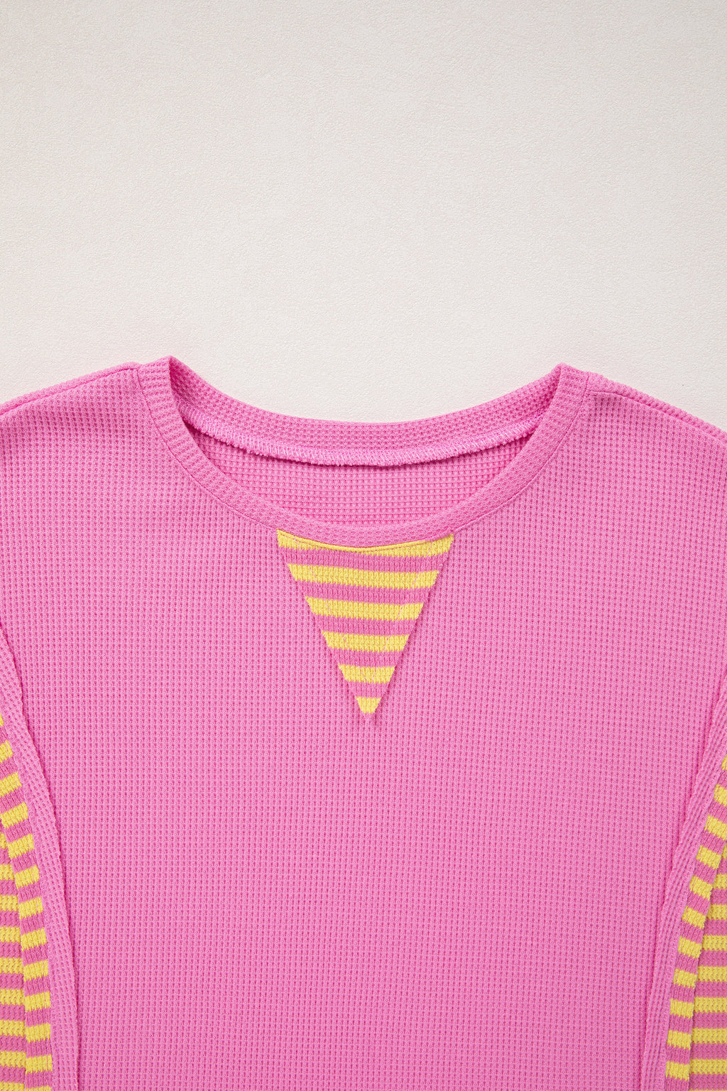 Bright Pink Waffle Textured Contrast Striped Patchwork Loose T Shirt