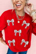 Red Sequined Baseball Bow Graphic Plus Size Sweatshirt