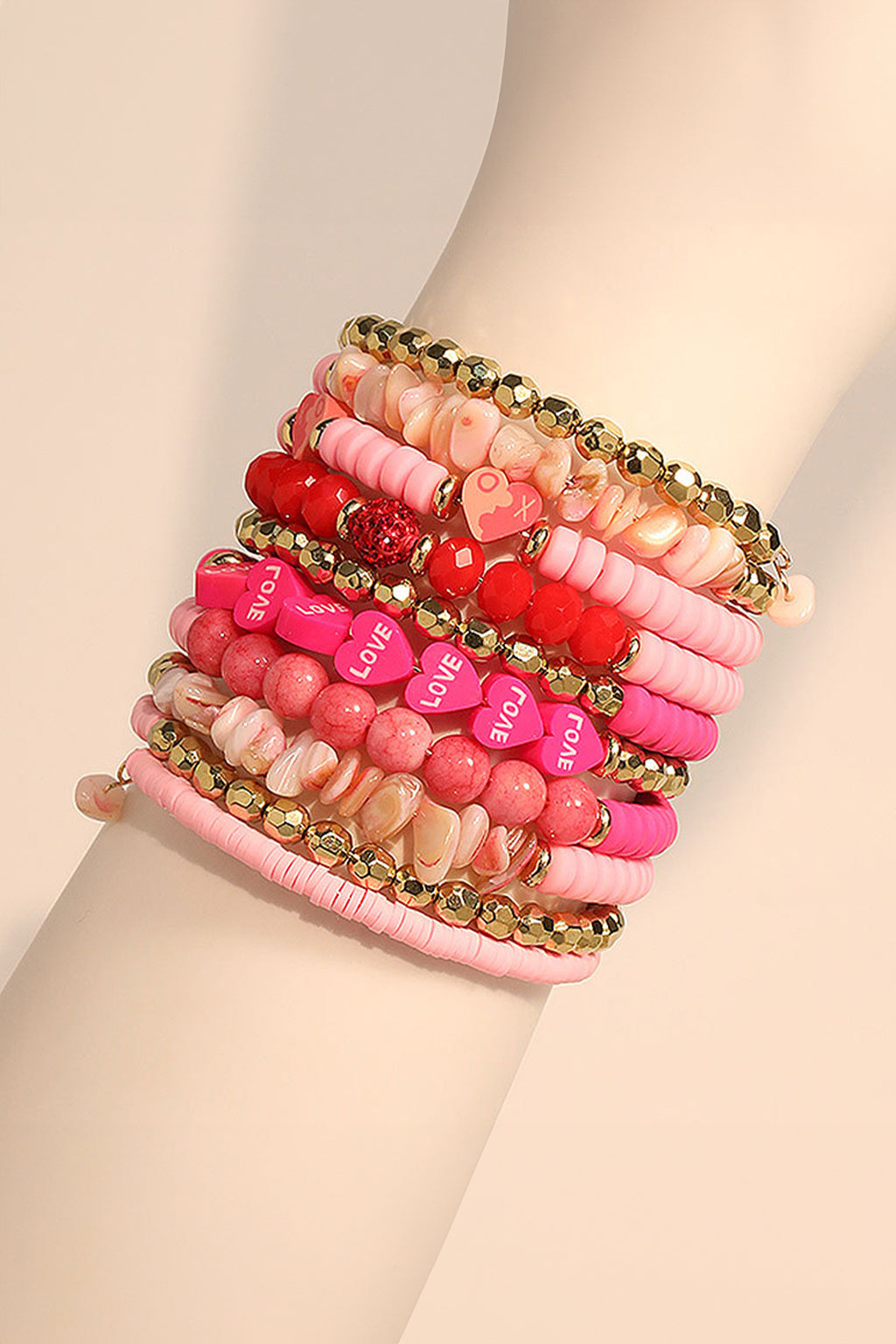 Rose Red 10pcs Polymer Clay Crystal Bead Valentines Heart Multilayer Bracelet Set