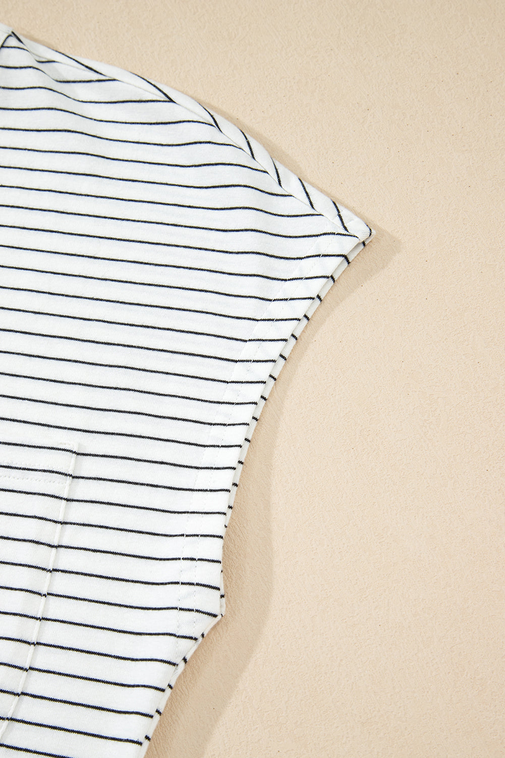 White Stripe Cap Sleeve Crew Neck Casual Tee with Chest Pocket