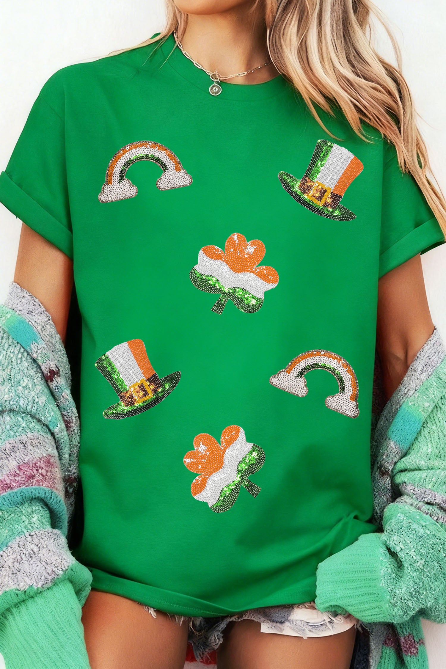 Bright Green St Patricks Day Elements Sequin Graphic Tee
