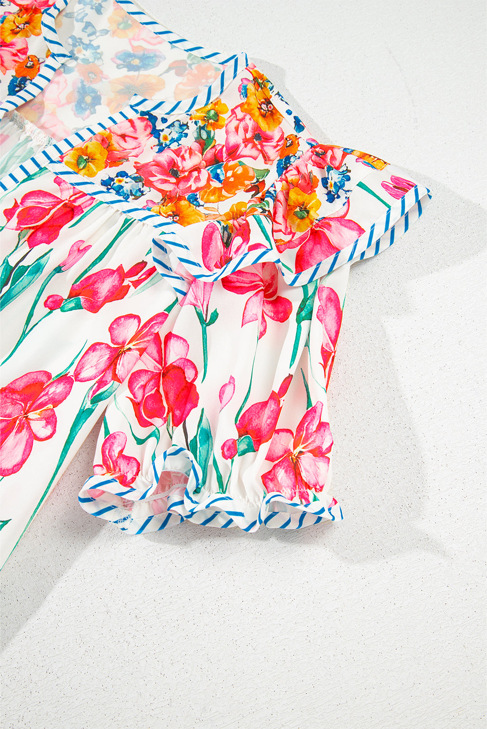 Pink Plus Size Floral Print Striped Trim V Neck Blouse