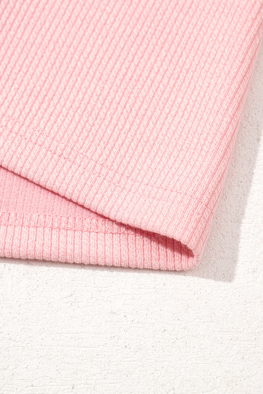 Light Pink Pearl Beaded Ruffle Short Sleeve Patchwork Ribbed Blouse