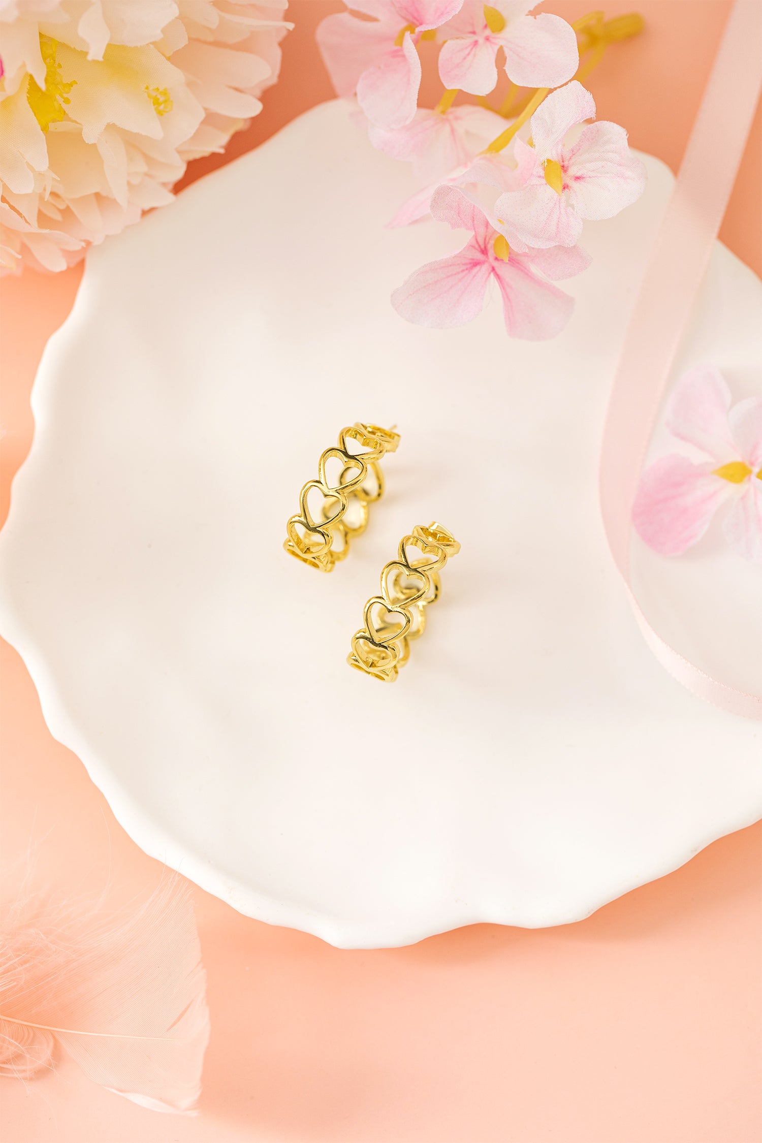 Gold Plated Heart Link Hoop Stud Earrings