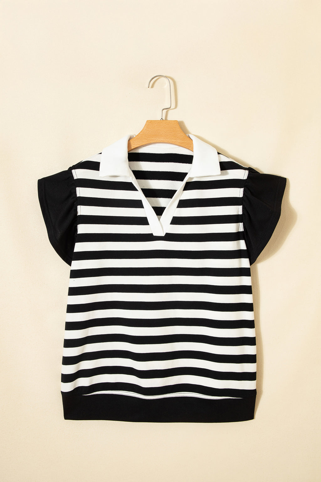 Pink Stripe Collar V Neck Ruffled Short Sleeve Blouse