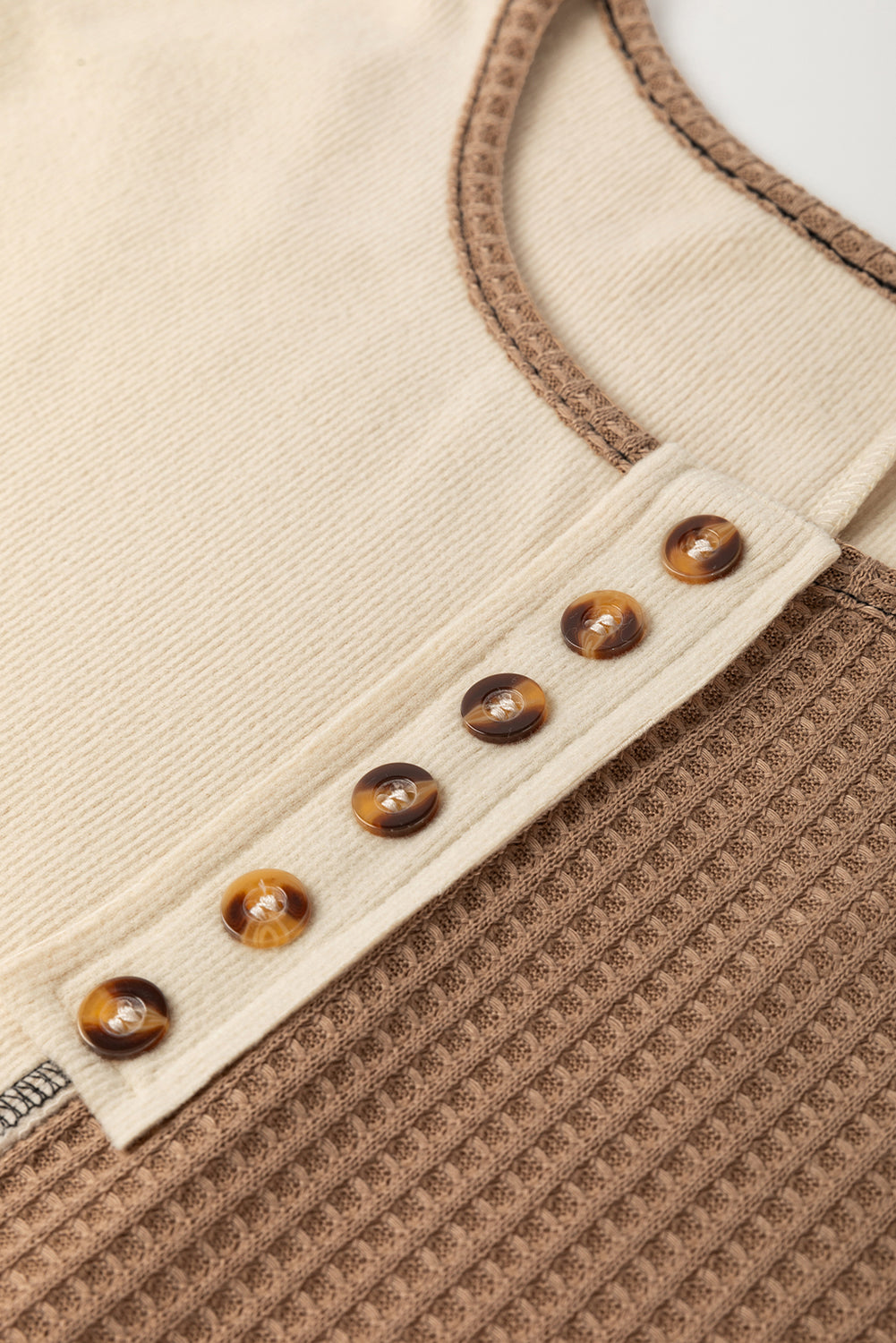 Beige Color Block Waffle Knit Stitch Detail Long Sleeve Top