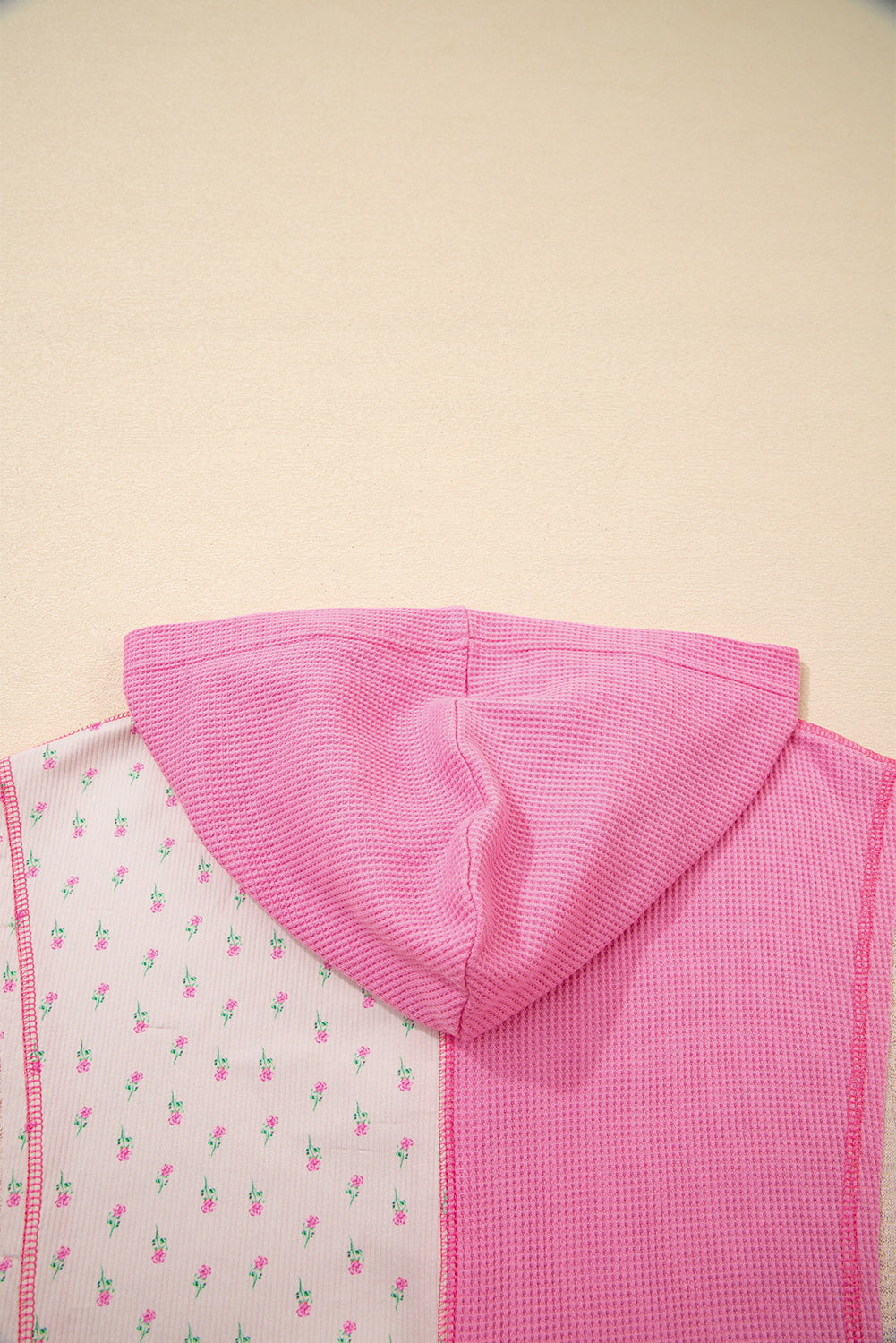 Pink Mixed Texture Waffle Floral Patchwork Hooded Oversize Pullover